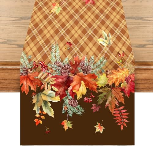 Tischläufer Herbst 140 x 40 cm – herbstliche Tischdeko mit Blättern, Zapfen und Beeren – perfekte Deko für Herbst, Esstisch, Wohnzimmer und Küche