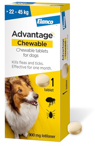 Advantage Chewable 900mg Chewable Tablets for Dogs >22-45kg (1 pack), Flea and Tick Treatment, Fast Acting Kills Fleas Within Hours, Prevention Lasts For A Month, Easy To Administer