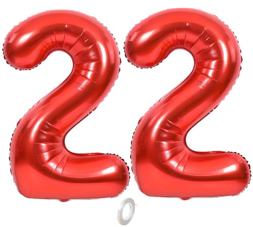 Balorise 40 Zoll Aluminium Luftballon Rot Zahl 22, Helium Unterstützt, Ballon Nummer 0-9, 10-100 (101cm), große Folienballons Dekoration für Geburtstagsfeier, Hochzeit, Jubiläum