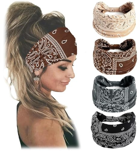 WOVOWOVO 4 Stück Damen Stirnband Elastische Weiche Extra Breit Haarband Kopfband Stirnbänder Boho Blumensiegel Haarbänder Haarschmuck Haarreifen Headband für Yoga Exercise Workout Sport Fitness