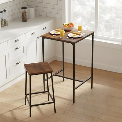 GOKHOMX Hoher Bartisch 60x60x100 cm, Stehtisch Bartisch Küche mit Fußstütze Kleiner Küchentisch mit Metallrahmen Hochtisch für Küche Esszimmer Wohnzimmer Bar Bistro (Vintage Braun und Schwarz)