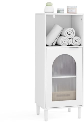 GOPLUS Badezimmerschrank, freistehender Badschrank mit verstellbarem Regal, Glastür, 1 offenes Fach, Aufbewahrungsschrank schmal für Flur, Küche, 35 x 30 x 90 cm, Weiß