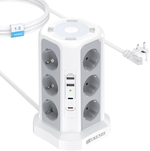 HITRENDS Tour de prise avec 2 ports USB et 2 ports USB-C, 12 prises (12 Schuko + 4 USB), tour de prise avec protection contre les surtensions, tour de prise avec câble de 2 m, pour cuisine, bureau
