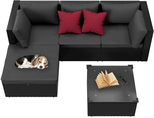 PEILU 5-Teilig Polyrattan Loungeset Wetterfeste Gartenmöbel Set inkl. Ecksofa, Hocker, Couchtisch & Sitzkissen, Frei Kombinierbare Sitzgruppe, Unterhaltungssets für Terrasse Balkon Wintergarten