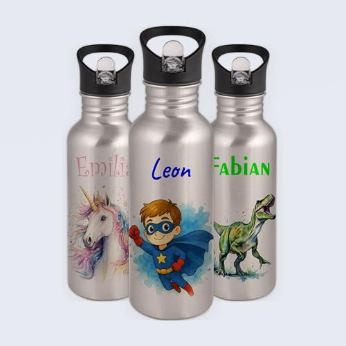 Gravur-Max Kinder Trinkflasche 600 ml personalisiert - Superheld - auslaufsichere Edelstahl Trinkflasche mit Trinkhalm & Klappdeckel – BPA-frei, leicht & robust – mit Namen bedruckt - Silber