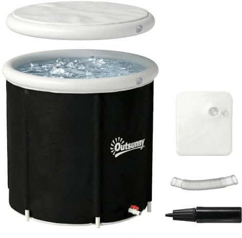Outsunny Baignoire à Glace Pliable Gonflable Adulte 280L 78x78x71 cm Noir | Pour Athlètes, Bain Froid Multicouche, Avec Couvercle et Pompe, Entraînement à l'Eau Froide, Intérieur et Extérieur