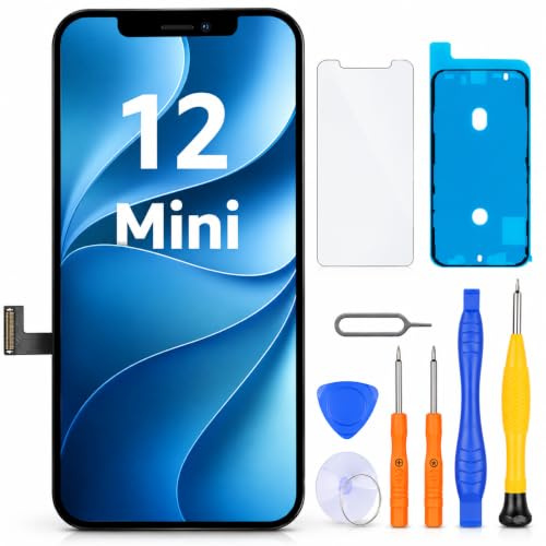 LL TRADER Display für iPhone 12 Mini 5.4 LCD Ersatzbildschirm und Kits A | Retina FHD 3D Touch Digitizer Rahmenmontage mit Wasserfestem Klebeband und Displayschutzfolie (True Tone Programmierbar)