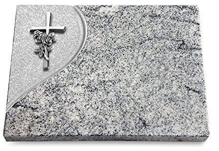 Grabtafel, Grabplatte, Grabstein, Grabkissen, Urnengrabstein, Liegegrabstein Modell Folio 40 x 30 x 3-4 cm Viskont-White-Granit, poliert inkl. Gravur (Aluminium-Ornament Kreuz/Rose)