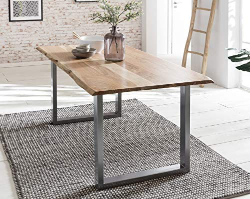 Baumkanten-Tisch Salito 120x80 cm | Esszimmertisch aus massiver Akazie | Baum-Tisch Natur | Metall U-Gestell in Silber
