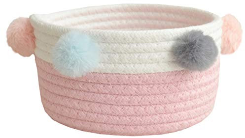 Fieans Panier de Rangement en Corde de Coton Tissée, Petit Boîte de Rangement avec Pompons pour Chambre Décoration, Stockage de Bureau, Cadeau de Douche pour Bébé - Rose