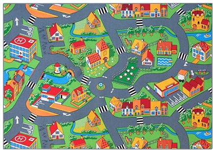 Carpet Studio Teppich Kinderzimmer 140x200cm, Kinderteppich, Spielteppich Straße Jungen & Mädchen, Teppiche für Babyzimmer, Schlafzimmer & Spielzimmer, Antirutsch, 30°C waschbar - Little Village