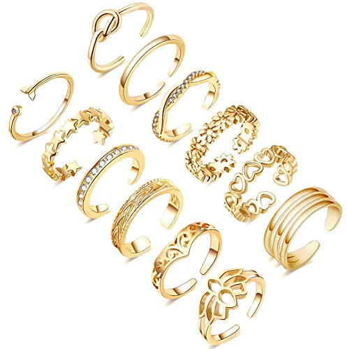 Honsny Lot de 12 bagues d'orteil plaquées or/argent 14 carats pour femme - Bague réglable en forme de fleur ouverte - Bijoux de pied de plage, Métal, Aucune pierre précieuse