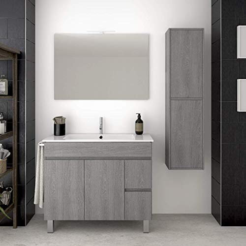 DUCHA.ES Mueble DE BAÑO con Columna Auxiliar, Lavabo, Espejo Y Toallero Aplique LED NO Incluido 70CM Roble Smoky