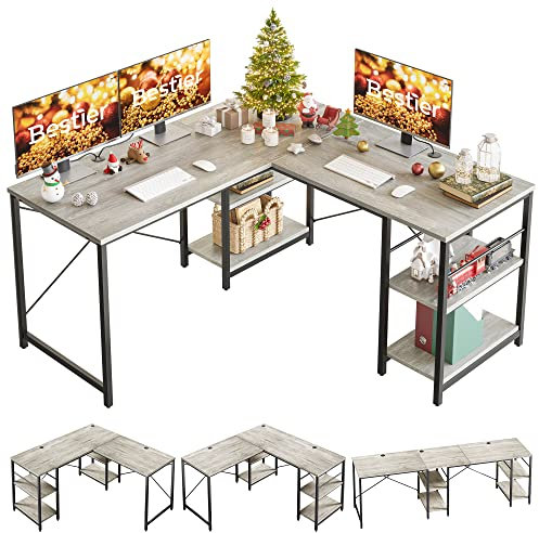 Bestier 150CM Reversible L Shaped Desk with Shelves Industrial Corner Desk 240CM Long Table Computer Workstation with 3 Cable Holes