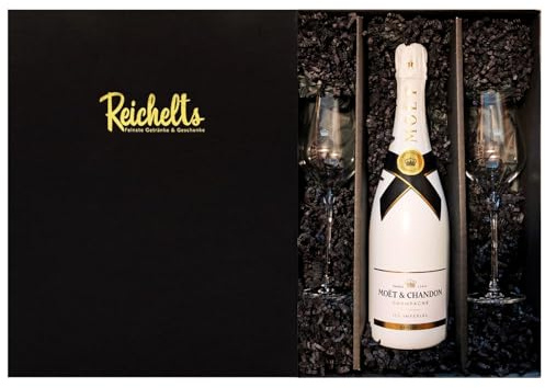 Reichelts I Feinste Getränke & Geschenke I Moët & Chandon Ice Impérial 0,75l + 2 x Moet Champagnerglas mit edler Krone und Schriftzug auf dem Fuß in Präsentbox by Reichelts
