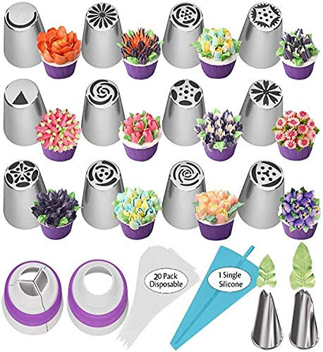 Russische Edelstahl Spritztüllen Set: 12 Große Blumen-Spritztüllen, 2 Blätter-Aufsätze,1 Adapter 1 Drei Farben, 1 Silikon und 20 Einweg Spritzbeutel,Kuchen,Cupcake-Dekoration