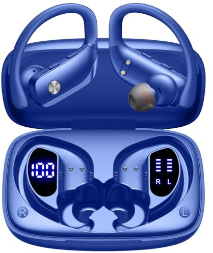 bmani Auriculares inalámbricos Bluetooth con pantalla LED de 80 horas de reproducción, gancho sobre la oreja con micrófono, sonido estéreo, controles de botón fáciles, auriculares deportivos para