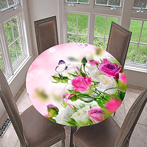 Morbuy Rund Tischdecke Elastisch, 3D Rose Rund Tischdecken Wasserdicht Lotuseffekt Abwaschbar Abwischbar Tischtuch für Dekoration Küchentisch Garten Outdoor (Durchmesser 120cm,weiße Rose)