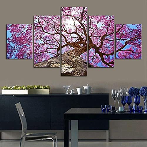MPPSU Sakura-Baum-Blüten-Landschaft Wanddekoration Wohnzimmer Leinwandbild Jugendzimmer Poster Set Modern 5 Teiliges Wandbild Bedroom Decor XXL Bilder Mit Rahmen 100 * 50cm