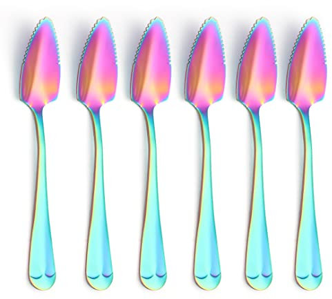 AXIAOLU 6-piece Rainbow Grapefruit Spoons,Stainless Steel Grapefruit Spoons for Citrus Fruit, Serrated Edges Spoon Pack of 6 (rainbow）