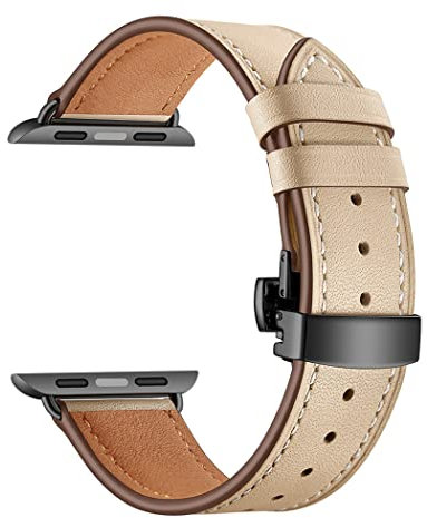 Correa de cuero para Apple Watch Band 45mm 44mm 42mm 49mm Correa de cuero genuino Pulsera de repuesto para iwatch Ultra Series 8 7 6 SE 5 4 3 2 1, Botón Negro Albaricoque