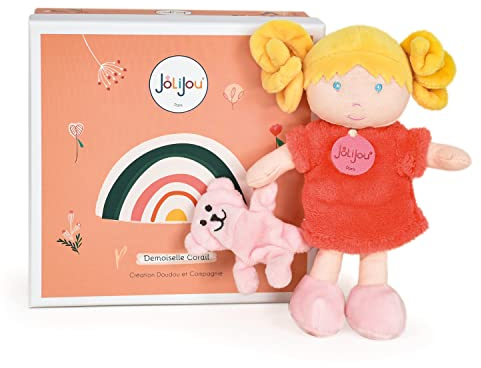Jolijou - Meine erste Puppe – Frau Koralle – Geschenkbox – 21 cm – mit Kuscheltier Bär – Blonde Locken zum Anfassen – Geschenkidee zur Geburt Mädchen – JJ6002, Korallenrot