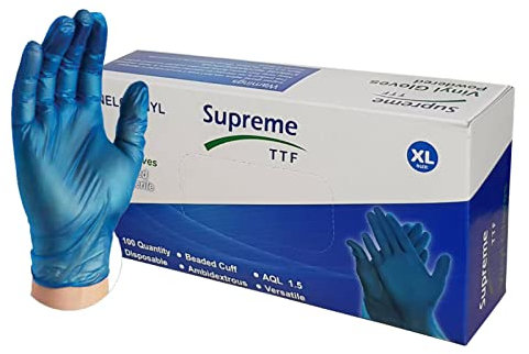 Supreme TTF Disposable Vinyl Gloves | Powder Free Latex Free | Food Medical Surgical, Home Cleaning, Salon SPA | Box of 100 Gloves (Blue, Medium (Size 8))