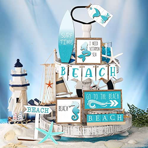 FairySandy 14 Pcs Summer Beach Tiered Tray Decor Sets Farmhouse Beach Table Decor Summer Wooden Sign Wood Blue Beach Rustic Beach Tiered Tray Summer Decor for Home Table Shelf Kitchen Party Holiday