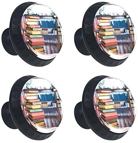 VAPOKF 4 Stück Stapel von alten Büchern in der Bibliothek Schrankknöpfe 30 mm runde Schubladengriffe aus Kristallglas mit Schrauben für Küchenschrank, Kleiderschrank, Kommode, Zuhause und Büro