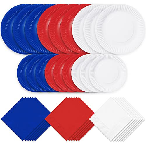 Whaline 90Pcs Patriotic Tableware Set Red Blue White Disposable Dinnerware Set 60Pcs Paper Plates 30Pcs Napkin for 4th of July Party Supplies Independence Day Memorial Day Table Decorations