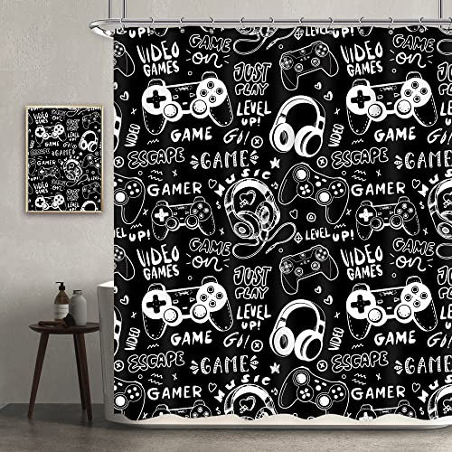 Newsely Videospiele Duschvorhang 60Wx72H Inch Kids Black White Graffiti Gamepad Gaming Controller Gamer Teens Boys Shower Curtain Bathroom Set Cool Waterproof Bath Decoration Accessories Home Decor