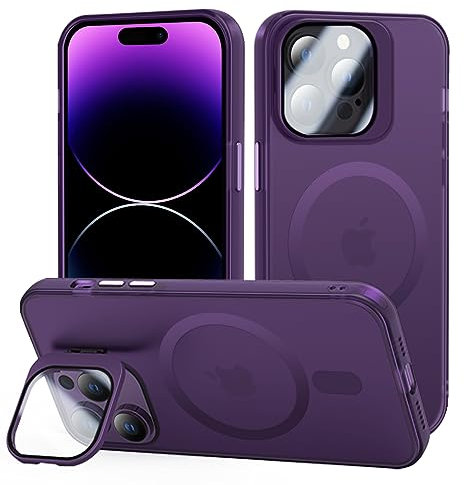 tigratigro Cover con Cavalletto,Compatibile con iPhone 14 Pro,Protezione Fotocamera H9 vetro temperato,Custodia Posteriore Glassata Traslucida, Anti-Impronte,Sensazione di Velluto (Viola Scuro)