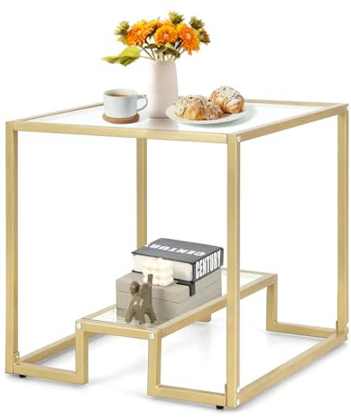 GIANTEX Mesa de Centro Cuadrada de Cristal Dorado - 2 Niveles de Vidrio Templado Con Marco de Metal - Moderna Para Salón y Té - 56 x 56 x 56,5 cm