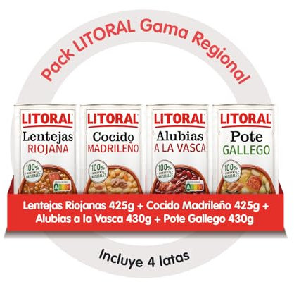 Litoral MegaPack Legumbres Recetas Regionales Litoral Lentejas Riojanas 425g + Litoral Pote Gallego 430g + Litoral Alubias a la Vasca 430g + Litoral Cocido Madrileño 425g Platos preparados sin gluten