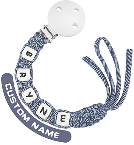 Kowlone Schnullerkette Baumwolle mit Namen Jungen mädchen Personalisiert Geflochten Schnullerketten Clips für Baby Neugeboren(Denim Blau)
