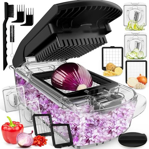Fullstar Picador de verduras y espiralizador, picador de alimentos con contenedor, cortador de frutas, utensilios de cocina y accesorios, artículos esenciales para el hogar (4 en 1, transparente)