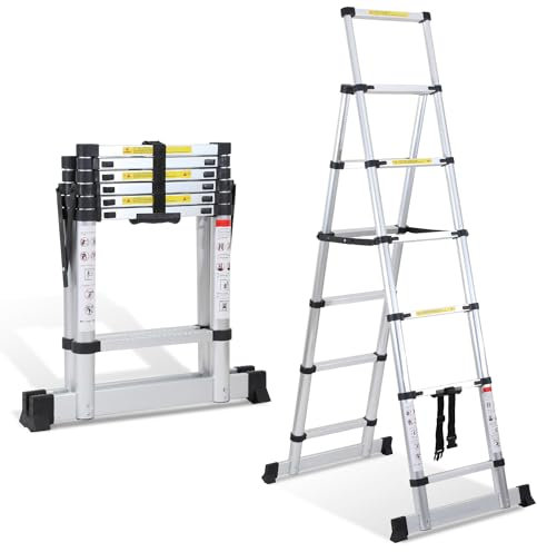 Ikodm 1.7M+2.0M Teleskopleiter 5 + 6 Stufen Klappleiter A-Rahmen Max Belastung 150 KG/330 Pfund, Aluminium Ausziehleiter für Dachreparaturen, gefaltete Größe 65cm