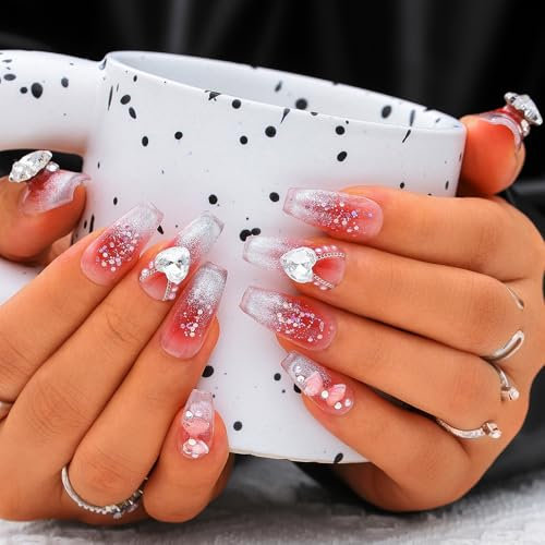 Sethexy Long Coffin Handmade False Nails - Gradient, 3D Design, Sequins, Rhinestone, Cat Eye Press on Nails Women Salon Stick on Nails 10PCS
