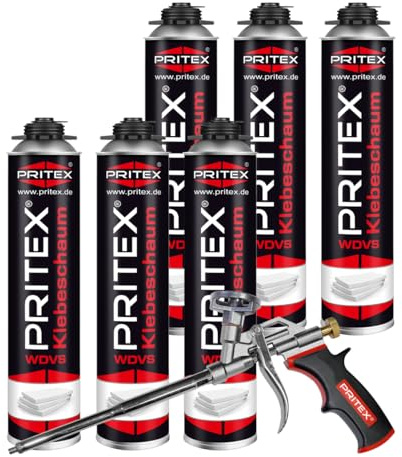 PRITEX WDVS Klebeschaum Set, 6x 750ml Dämmstoffkleber inkl. Pistole
