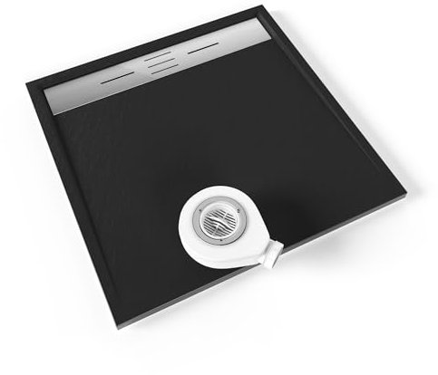 Moments of Glass SMC Duschwanne HIEMAL 90x90 cm Schwarz RAL7021 extra flache robuste Duschtasse aus langlebigem SMC, ANTI-Rutsch-Oberfläche in Schieferoptik inkl. Ablaufgarnitur mit Edelstahl Deckel