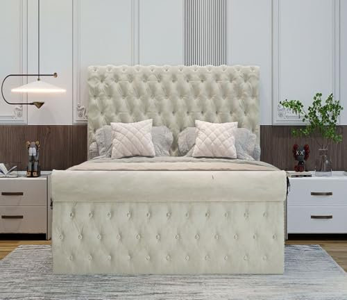 Generic Steel Grey Plush Velvet Ottoman Bed Frame & Chesterfield Scroll Headboard | Sleigh Bed with Ottoman storage (Cream, 5FT King Size)