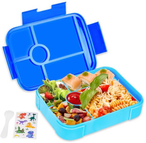 AUAUY Azul Fiambrera Bento Box Infantil, Lunch Box Loncheras para NiñAs, Loncheras para NiñOs, Fiambrera Infantil 5 Compartimentos con Pegatinas y Tenedor, Apto para Microondas/Lavavajillas, Sin BPA