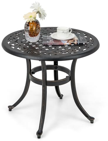 COSTWAY 60cm Round Garden Side Table, Cast Aluminum Outdoor Coffee Table, Vintage All-Weather Small Patio Bistro Dining Snack End Tables for Balcony, Backyard and Poolside, Antique Bronze
