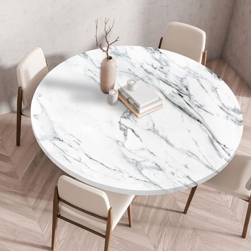 Highdi Tischdecke Abwaschbar Rund 120cm, Elastisch Mármol Druckbar Tischdecke Outdoor Lotuseffekt Tischdecken Table Cloth für Garten Restaurant, Ideal für 110cm-115cm