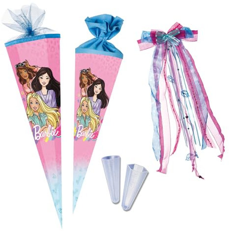 Nestler Schultüten-Set zum Befüllen, Handgemachte Zuckertüte aus Karton - Lizenzmotiv Barbie Girl, Schultüte, Spitzenschutz, Schleife (70 cm rund)