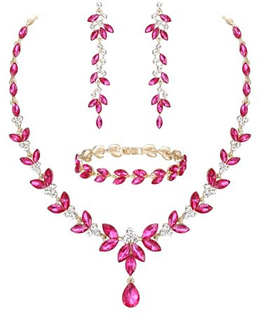EVER FAITH Schmuckset Österreichisches Kristall Braut Schmuck-Set, elegante Marquise Strass Blatt Halskette mit baumelnden Ohrringen Tennis-Armband-Set, Hot Pink