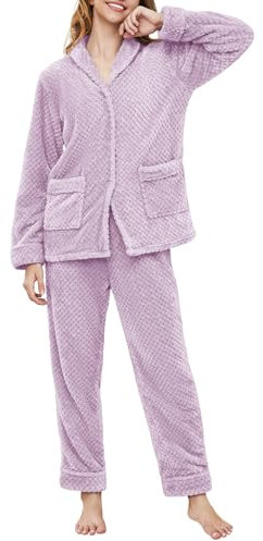RITOSTA Pigiama Donna Invernale Lungo Pigiami in Pile da Notte Due Pezzi Morbido Pigiama Stitch Felpa e Pantalone Pigiama Natalizio Caldo Completo Invernali Tuta Termico con Tasca (Viola,L)