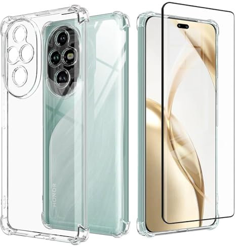 Cover Compatibile per Honor 200 Pro con 1 Pellicola Vetro Temperato, Morbido Silicone ed Antiurto Protettivo Bumper TPU Gel Smartphone Custodia Case - Trasparente