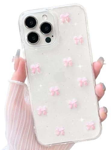 NITITOP Compatible with iPhone 13 Pro Max Case Clear Cute Sparkly 3D Bow Bling Glitter Bowknot for Women Girls Ultra Slim Anti-Yellow Protective Phone Cover - Pink Bow