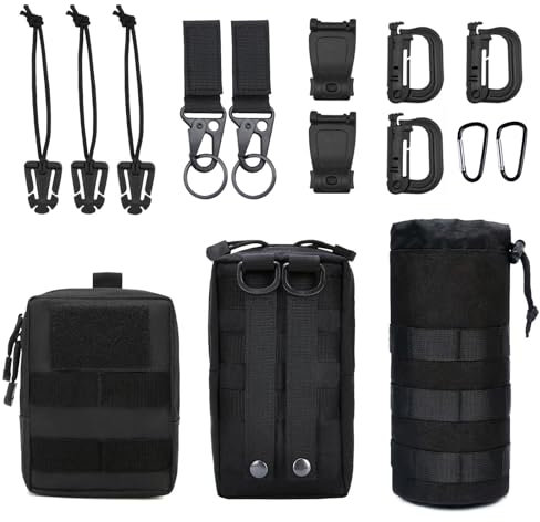 Mervokl Molle Tasche 3 Pack mit 12 Zubehör,Klein Taktische Hüfttaschen Tactical Bag Multifunktional Bauchtasche Kompakt Gürteltasche EDC Pouch Rucksack Wasser-Flaschenhalter Schultergurt Belt Tasche